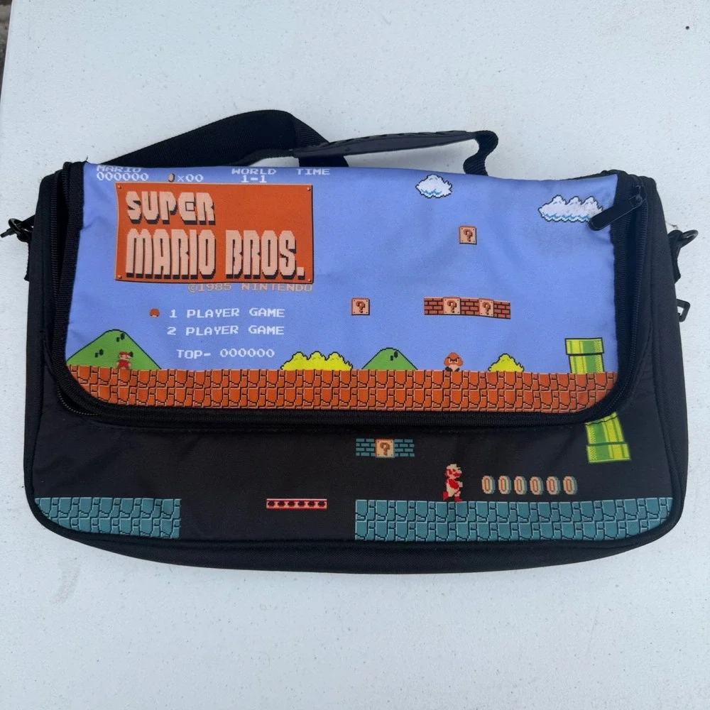Nintendo Super Mario Bros Messenger Bag Kids Black Retro 8-Bit Gamer Satchel